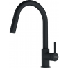 Moderne Franke Armatur. Farbe: Schwarz matt. Der Schlauchanschluss ist 45cm und der Wasserdurchfluss beträgt 9,3l/min (3 bar). Wasserhahn mit ausziehbarem Auslauf, ausgestattet mit einer Perle. 150 cm geflochtener Brauseschlauch.