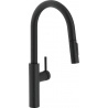 Moderne Franke Armatur. Farbe: Schwarz matt. Der Schlauchanschluss ist 45 cm und der Wasserdurchfluss beträgt 9l/min (3 bar). Wasserhahn mit ausziehbarem Auslauf, ausgestattet mit einer Perle. 150 cm geflochtener Brauseschlauch. Nicht für den Einbau in Edelstahlspülen geeignet. Armatur mit SLID IN Technologie - Endkappe mit Magneten für einfaches und präzises Zurückziehen in den Armaturenkörper. 2 Hebelpositionen - 50% Wassereinsparung. 