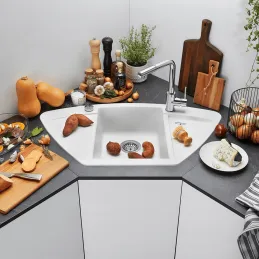 Blanco ZIA 9 E Eckspüle aus Keramik / Softweiß