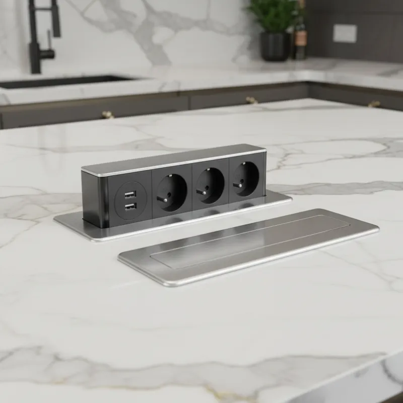 Ausziehbare elektrische Steckdose HOPBOX FRENCH / Gebürstetes Aluminium