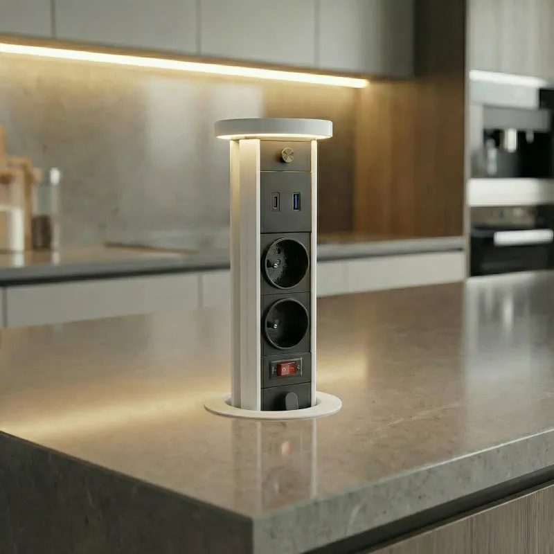 Ausziehbare Steckdose LEGIA FRENCH 2x230V + USB A-C + Licht / Weiß matt