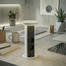 Ausziehbare Steckdose LEGIA SCHUKO 2x230V + USB A-C + Licht / Weiß matt