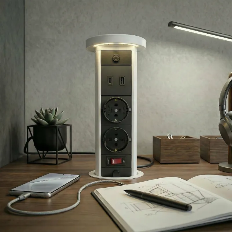 Ausziehbare Steckdose LEGIA SCHUKO 2x230V + USB A-C + Licht / Weiß matt