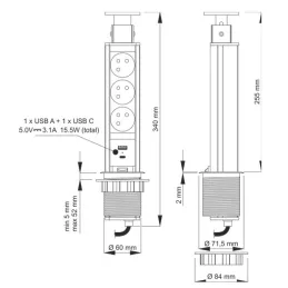 Ausziehbare elektrische Steckdose ASTRA FRENCH 3x230V + 2x USB-Ladefunktion / Aluminium