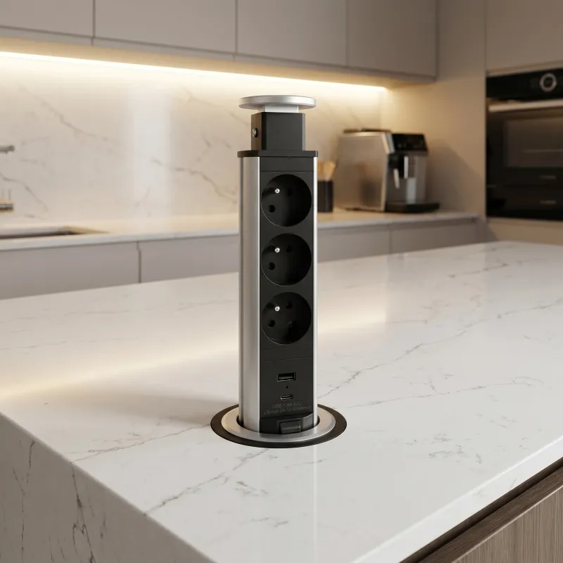 Ausziehbare elektrische Steckdose ASTRA FRENCH 3x230V + 2x USB-Ladefunktion / Aluminium
