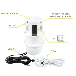 Ausziehbare elektrische Steckdose MULTIBOX 4x 230V + 2x USB + 2x RJ45 / Weiß