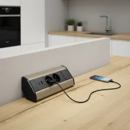 Innen-Steckdosenleiste CORNER FRENCH 2x 230V +2x USB / Schwarz - Edelstahl
