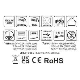 Steckdose SLIDE 1x230V + 1xUSB C+A FRENCH / Schwarz matt