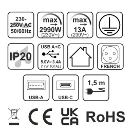Elektrische Steckdosenleiste EUROBOX 2x230V + 1xUSB C+A FRANZÖSISCH / Schwarz matt