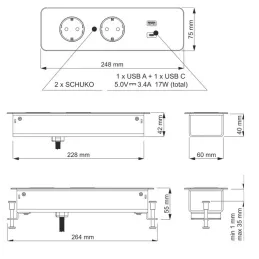 Elektrische Steckdosenleiste EUROBOX 2x230V + 1xUSB C+A SCHUKO / Schwarz matt
