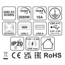 Automatische ausfahrbare elektrische Steckdose ASTRA SCHUKO 3x230V + 2xUSB A-C / Aluminium