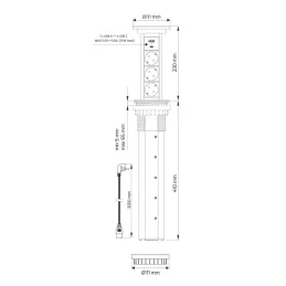Automatische ausfahrbare elektrische Steckdose ASTRA SCHUKO 3x230V + 2xUSB A-C / Aluminium