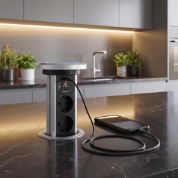 Automatische ausfahrbare elektrische Steckdose ASTRA SCHUKO 3x230V + 2xUSB A-C / Aluminium