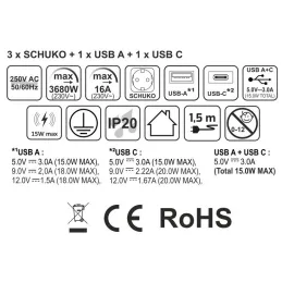 Automatische ausfahrbare Steckdose AMBIENTE SCHUKO 3x230V + USB A-C mit Licht und Ladefunktion / Schwarzes Glas