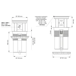 Automatische ausfahrbare Steckdose AMBIENTE SCHUKO 3x230V + USB A-C mit Licht und Ladefunktion / Schwarzes Glas