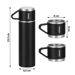 Design-Thermosflasche mit 3 Bechern 400 ml / Schwarz matt