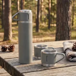 Design-Thermosflasche mit 3 Bechern 400 ml / Grau