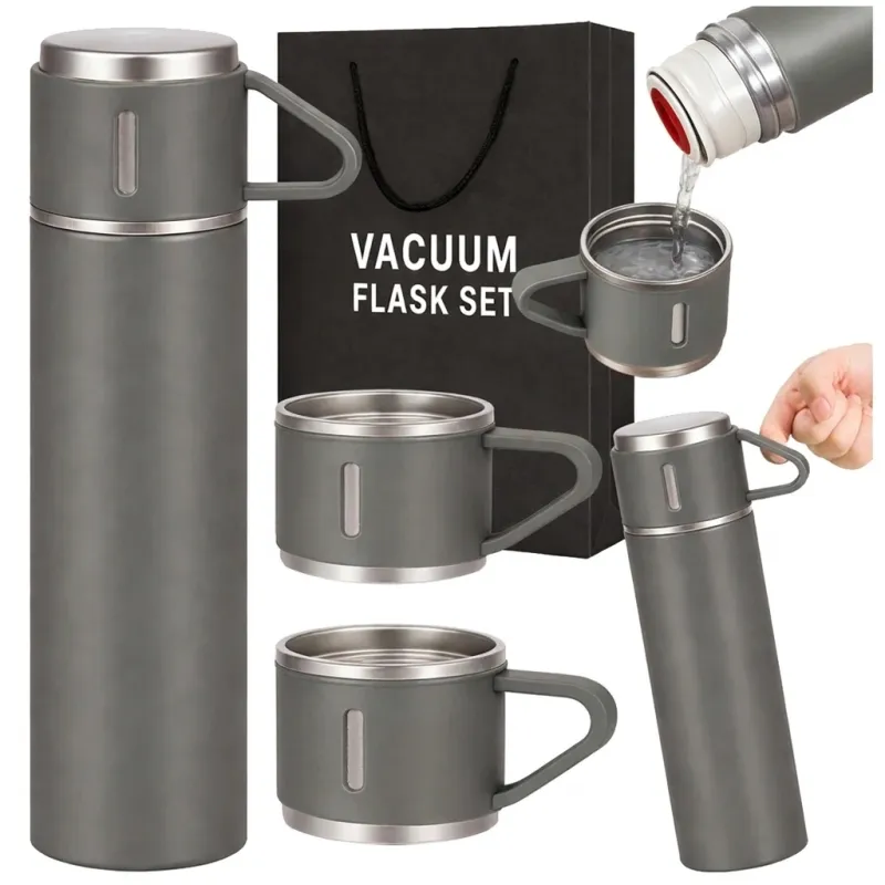 Design-Thermosflasche mit 3 Bechern 400 ml / Grau
